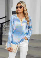 V Neck Button Detail Striped Casual T-shirt